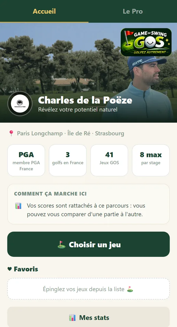 La page de Charles de la Po&euml;ze, pro PGA, dans l'application Game of Swing